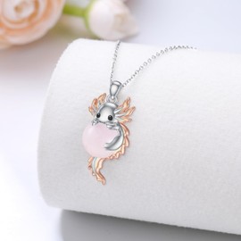 SLIACETE 925 Sterling Silver Axolotl Necklace for Women Rose Quartz and Axolotl Pendant Cute Axolotl Jewelry Gift for Mom Wife Girlfriend Daughter Sister Axolotl Lover