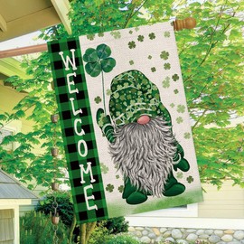 St Patricks Day House Flag Green Gnome Shamrocks Vertical Double Sided Burlap Flag Welcome St.Patrick's Day Holiday Yard Outdoor Decor 28 x 40 Inch