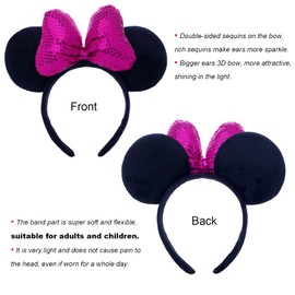 CHuangQi Pack of 2 Rose red 3D Bow Mouse Ears Headband, Double-sided Sequins Bow, Lady/Girl Headwear for Party, Amusement Park