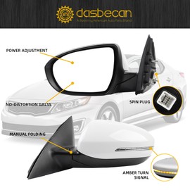 Dasbecan Driver Side Door Mirror Compatible With 2011 2012 2013 Kia Optima White Left Rearview Mirror With Signal Light, Manual Folding, Power Glass Replace# 876102T110 KI1320152 (5 PINS)