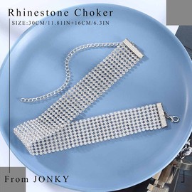 JONKY Rhinestone Choker Necklace Silver Crystal Necklaces 8 Row Chokers Sparkly Neck Chain Collar Prom Jewelry for Women