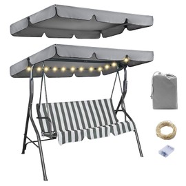 Garden Swing Canopy Replacement with LED Lighted, 2-3 Seater Garden Swing Seat Canopy Cover, 210D Oxford Anti-UV Waterproof Windproof Swing Chair Canopy Covers (Grey, 75×52×6 inch)