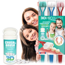 Toothpaste Tablets + 3D Pro Brush | 3-Sided Toothbrush & Tongue Scraper | 3PK - Crush & Brush 65 Tablet | @Work @School Travel Oral Care 360 Deep Clean Gentle Tabs Soft Three Triple Hydroxyapatite USA
