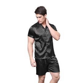 Tony & Candice Men's Short Sleeve Satin Pajama Set with Shorts (Black,M)