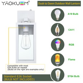 YaoKuem Dusk to Dawn Outdoor Wall Lantern, Photocell Sensor Wall Sconce as Porch Lighting Fixture, E26 Medium Base, Metal Housing Plus Glass, Bulbs not Included, White Finish, 2-Pack
