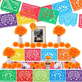 Kinlop 38 Pcs El Dia De Los Muertos Ofrendas Altar Classic Kit Day of the Dead Theme Set Include Marigold Flower Candles Mexican Papel Picado Banner Resin Skull Table Runner for Diwali Decoration