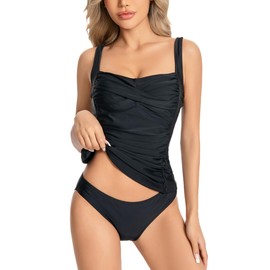 KOKITA Tankini Swimsuits for Women Tummy Control Bathing Suits Halter Ruched Tops Two Piece Swimwear Sets Black L