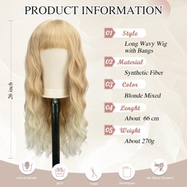 Sofeiyan 26 Inch Long Wavy Hair Wigs for Women, Ombre Blonde Wigs with Fringe, Natural Curly Synthetic Hair, Heat Resistant Wig for Party/Daily Use
