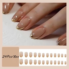 Gold French Tip Press on Nails Short Almond Fake Nails Nude Pink Glossy Acrylic Nails Full Cover Glue on Nails Gold Chrome False Nails Artificial Nails Designs Stick on Nails for Women Manicure 24PCs