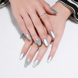 Light Blue Press On Nails Square, Cat Eye Press On Nails Short Ballet with Ice Transparent Glossy Design, Fashion Gel Fake Nails, Reusable Acrylic Fake Nails, Stick On Nails for Women, Crystal Frost