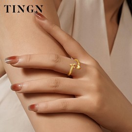 TINGN Women's / Girls' 14K Gold Plated Waterproof Heart Rings with Letters Stackable Promise Thumb Ring Statement Gold Ring Gifts for Women Girlfriend Girls Jewellery