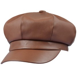 Sportmusies 8 Panels Newsboy Caps for Women, PU Leather Cabbie Painter Hat Gatsby Ivy Beret Cap, Brown