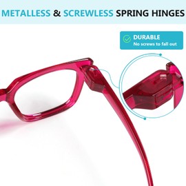 Reducblu Metalless Screwless Spring Hinges Reading Glasses for Women 6 Pack Ladies Oversized Square Readers(+1.25)