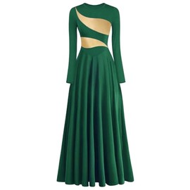 yrsZX Women's Praise Dance Dress Leaf Gold Metallic Long Sleeve Liturgical Worship Lyrical Dance Costume Church Robe Tag S, Green