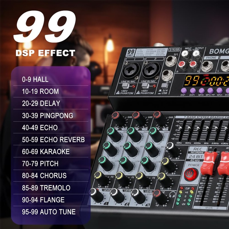 BOMGE 04A Audio Mixer,Professional Sound Board Mixing Console with USB/Bluetooth/Computer/4