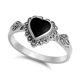 Unbranded Women 10mm 925 Silver Simulat Black Onyx Heart Promise Vintage Antique Ring Band - 7