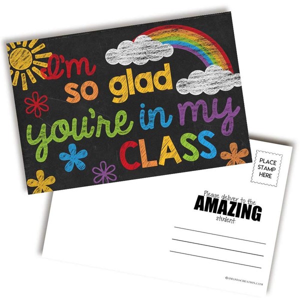Glad You're In My Class Colorful Chalkboard Themed Blank Postcards For Students From Teachers, 30 4"x6" Fill In Notecards by AmandaCreation