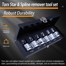 JEUCLEL 6PCS 3/4"Drive Torx Star & Spline Impact Socket Set, Cr-MO T100 T90 T80 T70 M18 M16 Impact Drive Allen Socket Kit, Hex Screwdriver Socket Adapter, Socket Remover Tool Hand Tool Repair Tool