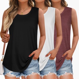3 Pack Tank Tops for Women Summer Sleeveless Casual Shirts Loose Fit Tunic Trendy Clothes, Black White Dark Red, L