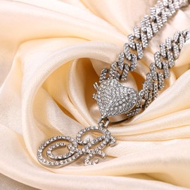 Flongo Women's Necklace Silver Necklace: Gold Iced Out Cuban Link Chain Kuban Plate Chain Statement Curb Chain Fashion Jewellery Women Choker Hip Hop Jewellery Chains with A Pendant Gift for Men