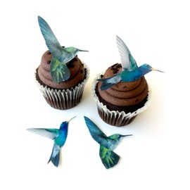 Blue Green Teal Assorted Wafer Paper Hummingbirds Size 2.25 Inch for Decorating Wedding Cakes Cupcakes Desserts Pack of 12