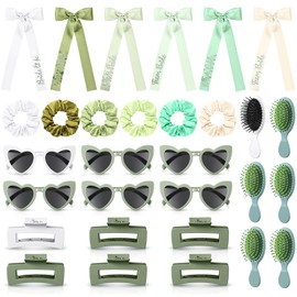 Suncalla 30 Pcs Bachelorette Party Accessories Bridesmaid Proposal Gift Bow Hair Claw Clip Scrunchies Bride Team Heart Shaped Sunglass Mini Hair Brush for Wedding Party Favors(White,Green)
