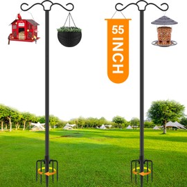 SINLEY Double Shepherds Hook for Outdoor with 5 Prong Base Heavy Duty Two Sided Bird Feeder Pole for Hanging Lantern,Hummingbird Feeder,Lightweight Plant,Shepherds Hook (2 Pack 55inch)