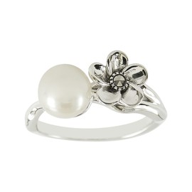 MARC 925 Sterling Silver 7 mm White Faux Pearl & Marcasite Floral Ring