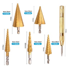 Genossen Step Drill Set, 6 Pieces HSS Step Drill Set, 5 Pieces Taper Drill Bits (4-12 mm, 3-13 mm, 4-20 mm, 4-32 mm, 5-35 mm) and 1 Automatic Central Punch 13 cm, Conical Cutting Drill, Titanium