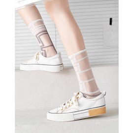 Comonsava Women's Socks, See-through Socks, Different Left and Right Patterns, French Style, Spring and Summer, Cute, Thin, Transparent, School, Work, Not Stuffy, Gift, Set of 5 Pairs, White A Pair