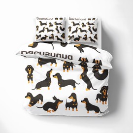 MOBEITI Dachshund Bed Linen 135 x 200 cm, Dachshund Dog Motif Reversible Bed Linen, Soft Cuddly Microfibre Duvet Cover Set 2-Piece, 1 Pillowcase 80 x 80 cm, with Zip - Dachshund Decoration & Gifts