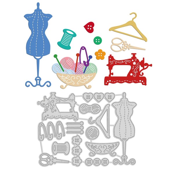 GLOBLELAND Cutting Dies Cutter Theme Metal Cutting Stencils Sewing Machine, Yarn, Buttons, Scissors and Hangers Cutting Dies for Card Making and DIY Scrapbooking Decor