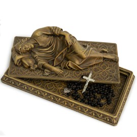 BC Catholic Sleeping St Joseph Statue with Case Base, Holder for Rosary, Patron Saint Religious Gfit of Inspirational Home Decor, 8.8" L, Wood Carve Looking, Hand Painted by Buildclassic