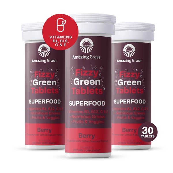 Amazing Grass Fizzy Green Tablets Superfood: Green Superfood Water Flavoring Tablet with Antioxidants & Alkalizing Greens, Berry, 10 Count (Pack of 3)
