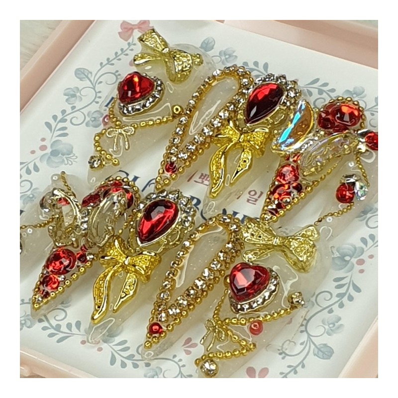 [Premium] Night of Blood Red Ribbon Handmade Nail Tips -