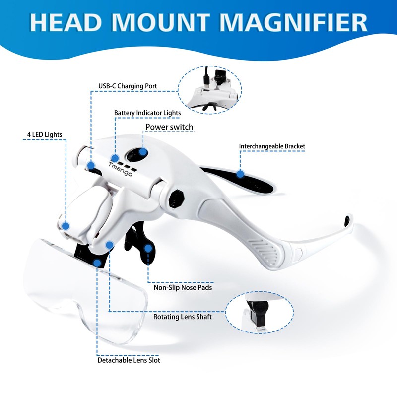TMANGO Rechargeable Head Magnifier with 4 LED Lights and 5