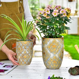 Sungmor Cement Planter Succulent Pots, Set of 2 Concrete Cactus Plant Pot with Drainage Hole, Embossed Design Flower Pot for Home Office Decor, 4.9 Inch & 6.1 Inch Indoor Outdoor Plants Container