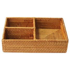 i-lan Woven Natural Rattan 3 Compartments Rectangle Cosmetics Storage Organizer|Wicker Utensil and Bottle Serving Basket for Fruit,Candy