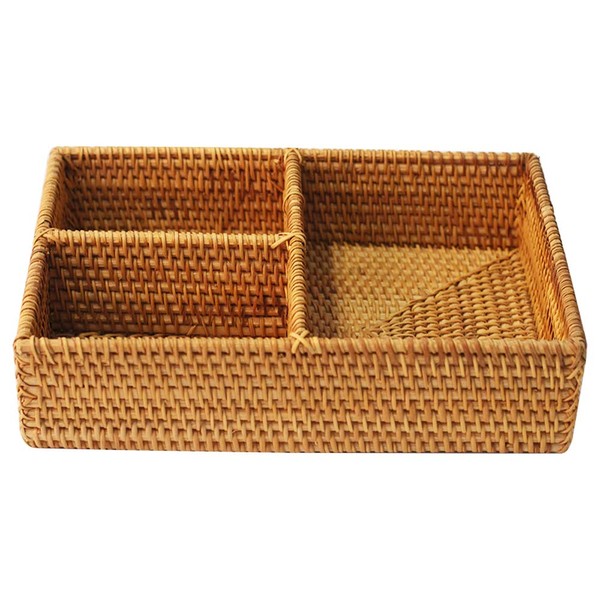 i-lan Woven Natural Rattan 3 Compartments Rectangle Cosmetics Storage Organizer|Wicker