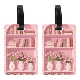 2 Pcs Pink Bookshelf Luggage Tags for Suitcase, PU Travel Cruise Luggage Tag with Name ID Label for Women Men Book Lovers Suitcase Baggage Bag Backpack Instrument