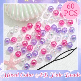 VENOFEN 60PCS Hair Beads Purple&Pink&Clear Transparent AB Round Bead for Hair Dreadlock Cute Plastic Pony Bead Kid Girls Hair Accessories for Women