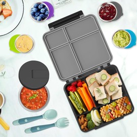 Aimsnk Kids Bento Lunch Box with 8oz Soup Thermo, Kids Leakproof Lunch Food Containers with 4 Compartment,Insulated Hot Food Jar with Lunch Bag for School, Trvael
