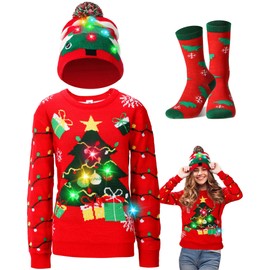 Liitrsh 3 Pack Christmas Tree Light up Ugly Sweaters for Women 2024 Knitted Xmas Tree Reindeer Hat Socks for Adults Holiday (M Size)