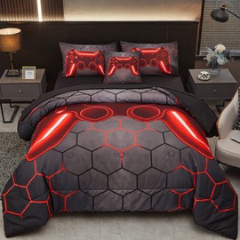 Tasselily Game Console Red Comforter Set with Sheets, 6 Pcs Bed in A Bag Geometric Lightweight Full Size Boys Bedding Set for Girls Kids