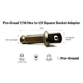 Pro-Graad 7/16 Hex to 1/2 Square Socket Adapter Drive Converter, Impact Driver Bit, Spring Ball Retainer, 2” Extension, 7/16” to 1/2” Impact Adapter, Works with 7/16 Impact Driver & 1/2 Electric Drill
