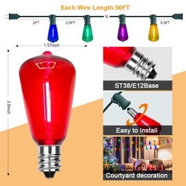 Abeja 50Ft ST38 Outdoor String Lights, Multicolor Patio Lights with 25+2 ST38 Edison Colorful Bulbs, LED Shatterproof Colorful String Lights for Outside Bistro Christmas Patio Party Decorations