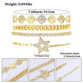 Gold Star Smiley Face Link Bracelets Set for Women 14K Gold Plated Stackable Cuban Chain Bracelets Cute Layered Round Cubic Zirconia Happy Face Charm Friendship Bracelets Party Preppy Jewelry Gift