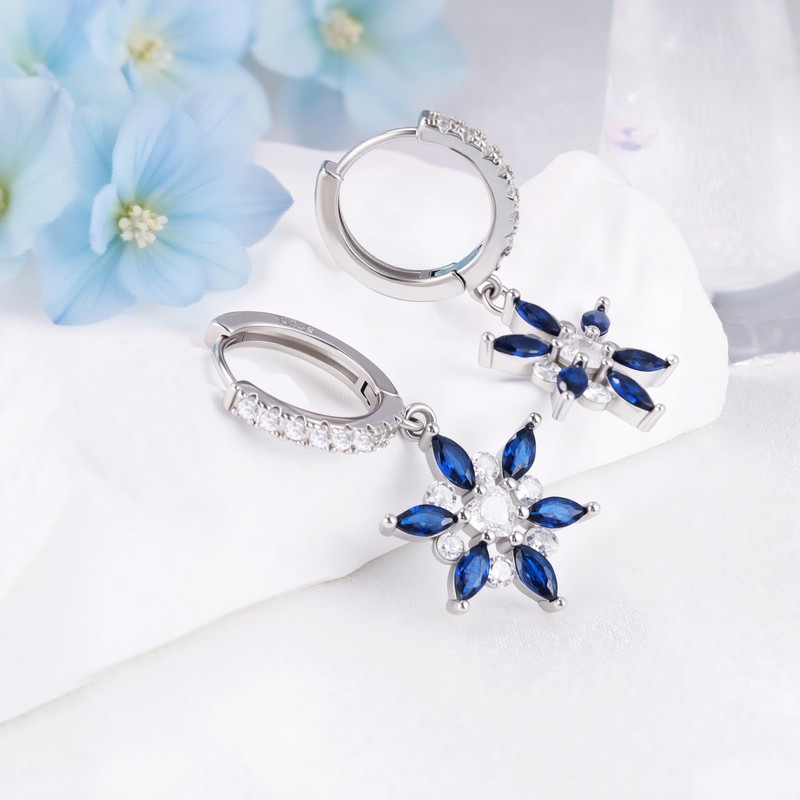 S925 Sterling Silver Blue Cubic Zirconia Snowflake Dangle Hoop Earrings