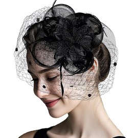 Fascinators Hat Flower Mesh Ribbons Feathers on a Headband and a Clip Elegant Vintage Tea Party Headwear Accessories for Women and Girls (Black01)