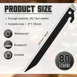 Deekin Plastic Tent Stakes 9 Inch Heavy Duty Tent Pegs Spike Hook Stakes Light Safe Tent Stakes Canopy Stakes for Summer Beach Garden Decorations Camping Outdoor Lawn Tarp(Black, 50 Pcs)